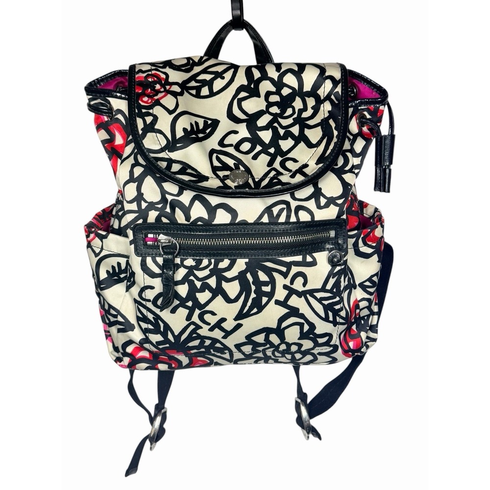 Coach Poppy Daisy Graffiti Backpack Floral Satin Black White Pink Travel Casual